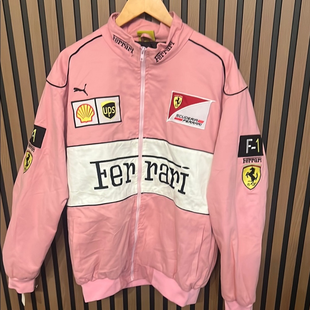 Ferrari Pink and White Logo Panel Jean-Style Jacket